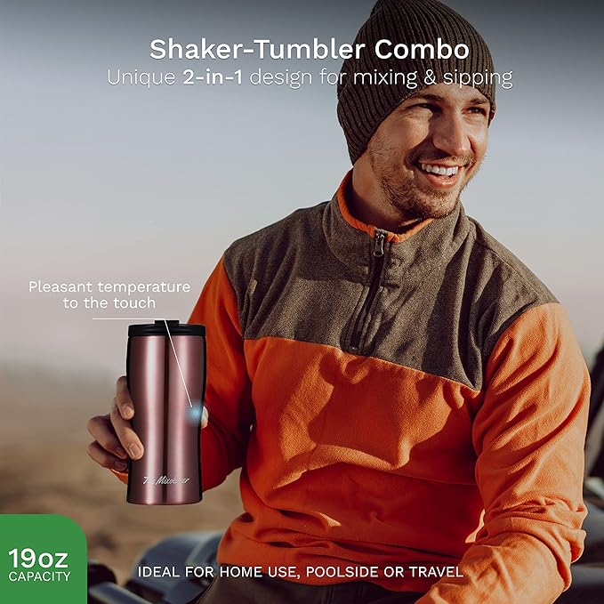 The Mixologer Cocktail Shaker & Tumbler | 19 oz Stainless Steel Drink Mixer with Built-in Measurements, Leak-Proof Design & Vacuum Insulation | Ideal to Mix Whiskey, Cocktails & More | Rose Gold