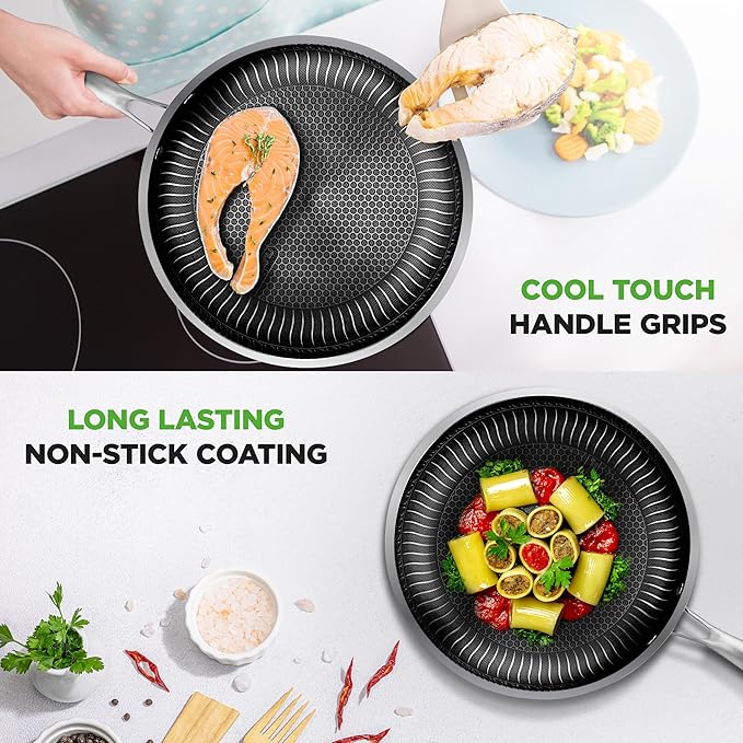 NutriChef 10" Stainless Steel Frying Pan - Triply Kitchenware Stir Fry Pan Kitchen Cookware w/DAKIN Etching Non-Stick Coating, Scratch-resistant Raised-up Honeycomb Fire Textured Pattern NC3PL10