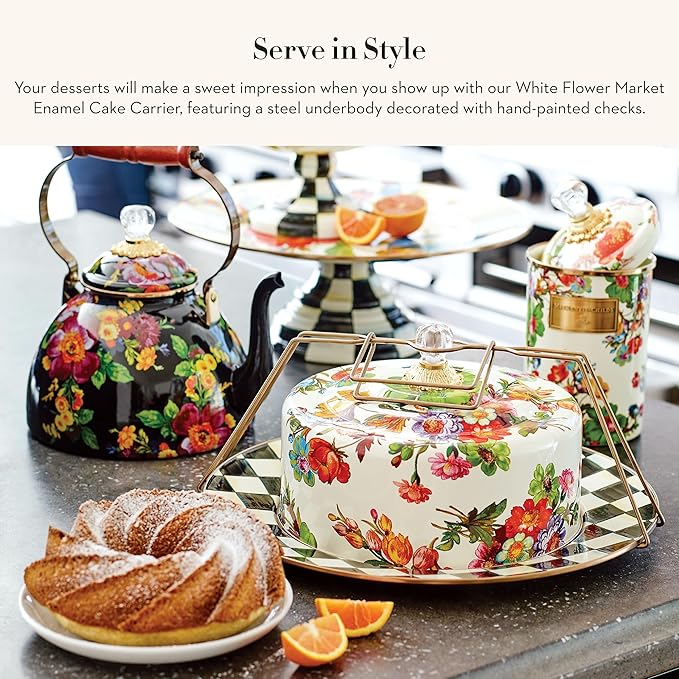 MACKENZIE-CHILDS Cake Carrier, Cake-Dish Serving Platter with Lid and Handles, White Flower Market with Black-and-White Courtly Check