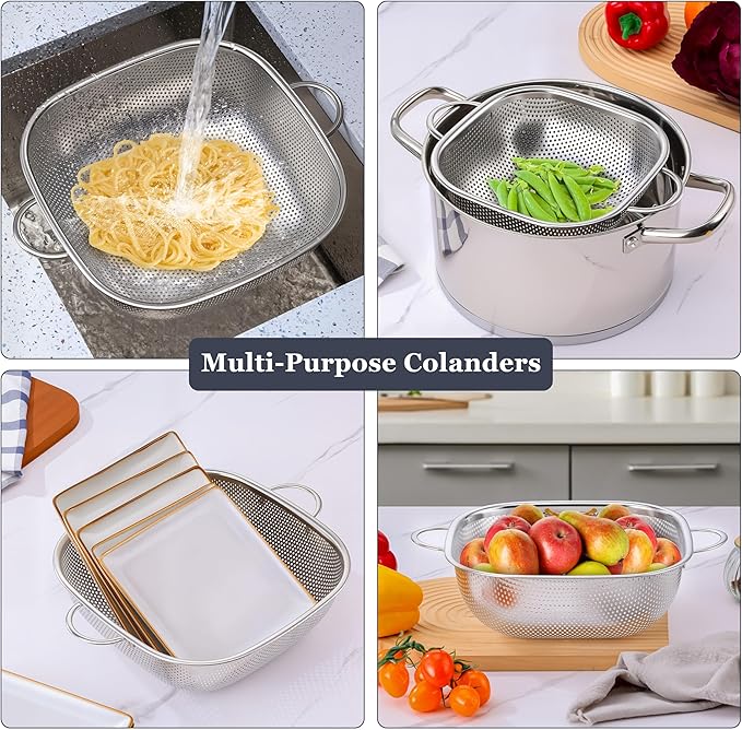 E-far 3 Pack Colander for Kitchen, Square Stainless Steel Metal Strainer Colander with Handle for Draining Food Pasta Vegetable, Micro-Perforated & Elevated Feet, Dishwasher Safe(2.4/4/6QT)