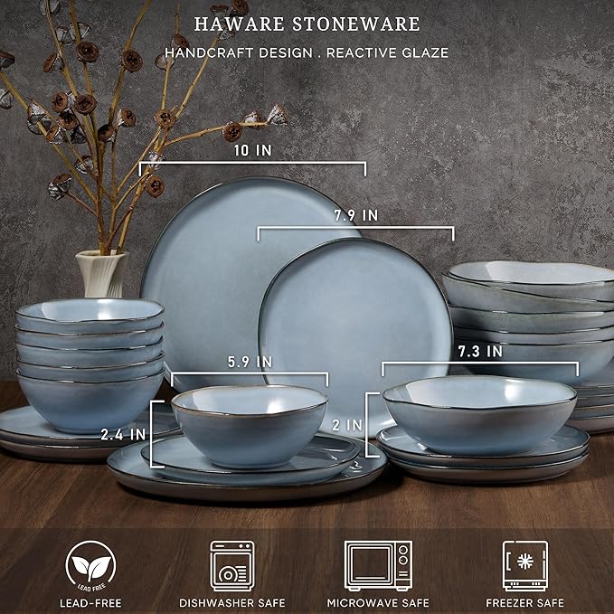 HaWare Plates and Bowls Set, Stoneware Dinnerware Sets, 24-Piece Hand-painted Dishware for 6, Ceramic Dinner Set for Home Kitchen, Scratch Resistant, Microwave and Dishwasher Safe, Reactive Foggy Blue