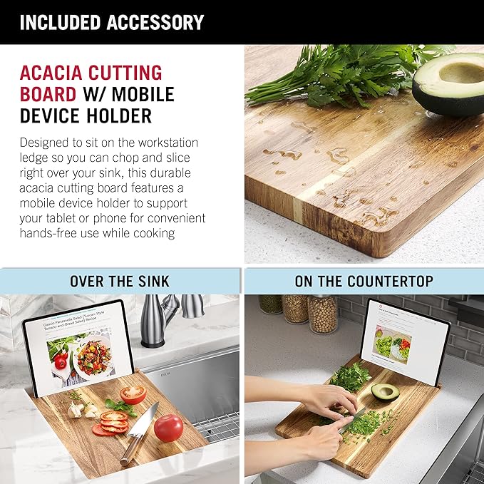 DELTA FAUCET 95B932-32S-SS Lorelai Workstation Kitchen Sink Undermount Stainless Steel Single Bowl with WorkFlow Ledge and Chef’s Kit of 6 Accessories