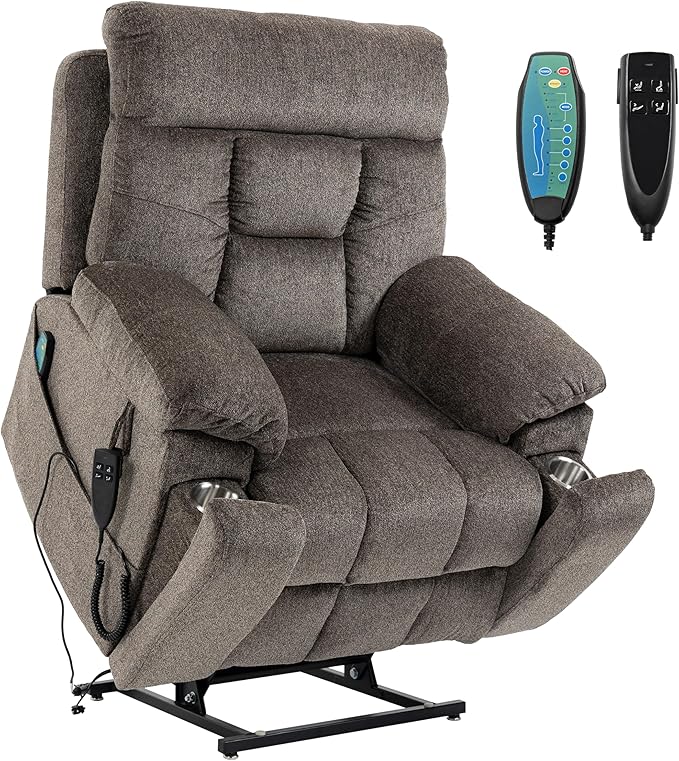 Dual Motor Power Lift Recliner Chair with Massage Heating for Adults Elderly, Electric Lift Chairs Lay Flat Recliners, Infinite Position, 2 Hidden Cup Holders