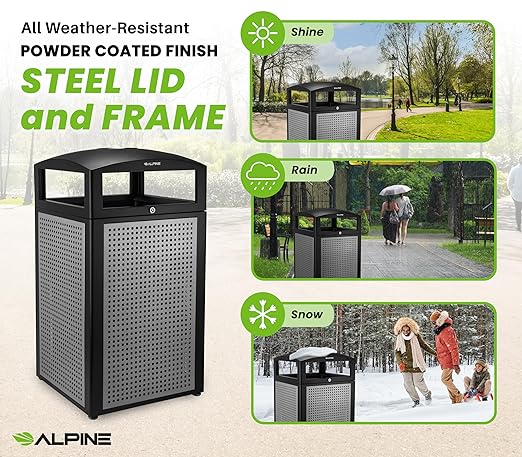Alpine 40-Gallon Outdoor Commercial Trash Can with Ashtray & Locking Lid – Heavy-Duty Cigarette Disposal Bin with Removable Liner for Parks, Hotels & High-Traffic Outdoor Areas - Black & Grey
