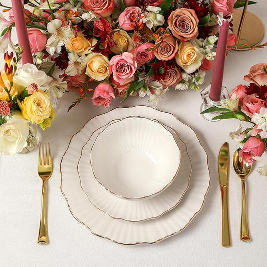 Christian Siriano Zinnia Porcelain Dinnerware Set, 24-Piece Plates and Bowls Set, White and Gold Dish Set for 8, Scalloped Edge, Hand Wash Only