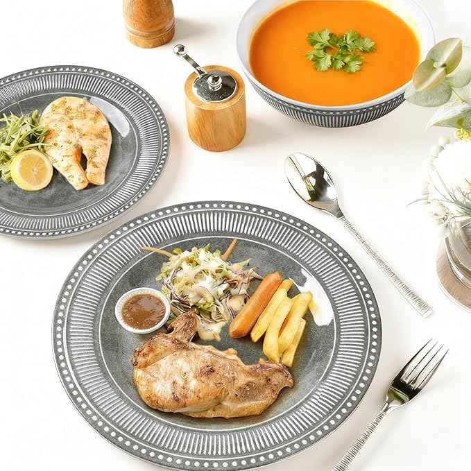 AELS Melamine Dinnerware Set of 18 Pcs, Dinner Dishes Set for Indoor and Outdoor Use, Melamine Plates and Bowls Set for 6, Dishwasher Safe, Lightweight Unbreakable, BPA Free, Gray