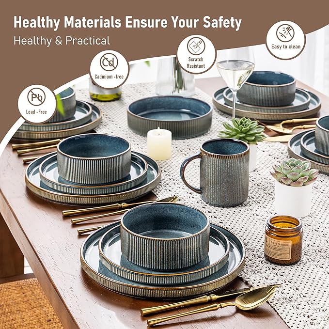 GBHOME Stoneware Dinnerware Sets for 4,Round Reactive Glaze Ceramic Plates and Bowls Set,Highly Scratch Resistant| Dishwasher & Microwave Safe Dishes Set,Service for 4(12pcs)