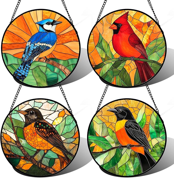 Stained Glass Window Hanging 4 Pcs Set Birds 6.3" - Cardinal Blue Jay Suncatcher Door Garden Sun Catcher Decor Birthday Christmas for Bird Lovers Mom Woman Nana Men