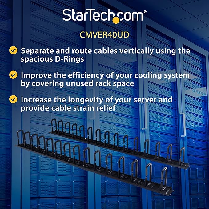 StarTech.com Vertical 40U Server Rack Cable Management w/ D-Ring Hooks - 40U Network Rack Cord Manager Panels - 2x 3ft Wire Organizers (CMVER40UD)