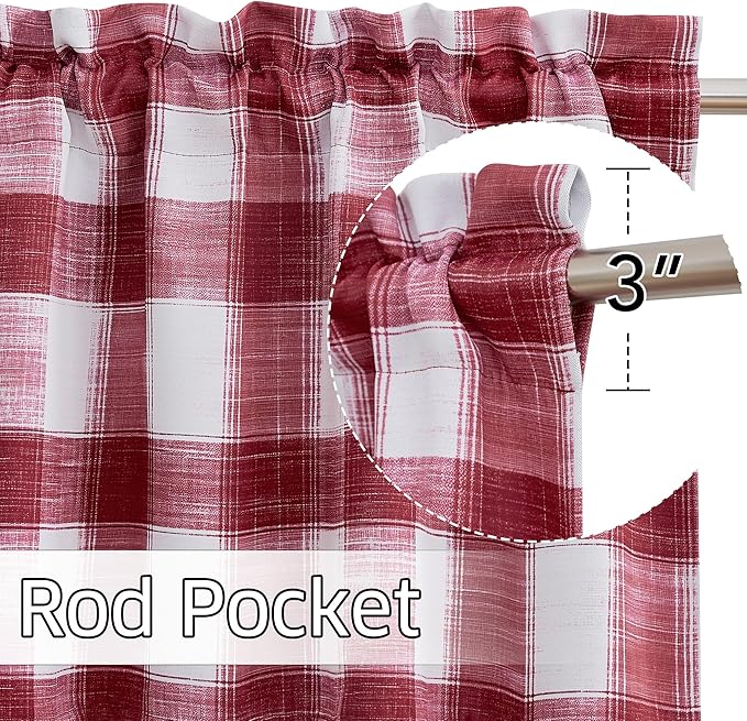 NICETOWN Christmas Plaid Valances for Kitchen, Farmhouse Style Rod Pocket Red Holiday Curtains 18 Inch Length, Xmas Window Treatments Tiers for Living Room, 52 x 18 inch, 1 Pair, Red & White