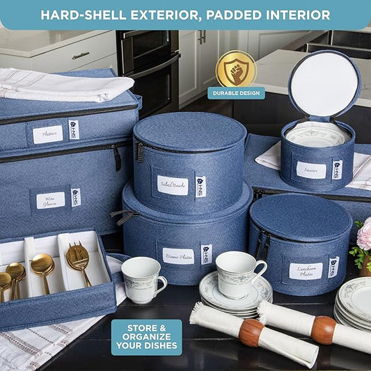 Hard Shell China Storage Containers 12-Piece Set Moving Boxes for Dinnerware, Glasses, Plates, Mugs and Saucers Sturdy Dish Organizer with Dividers for Seasonal Storage - Service for 12 - Denim Blue