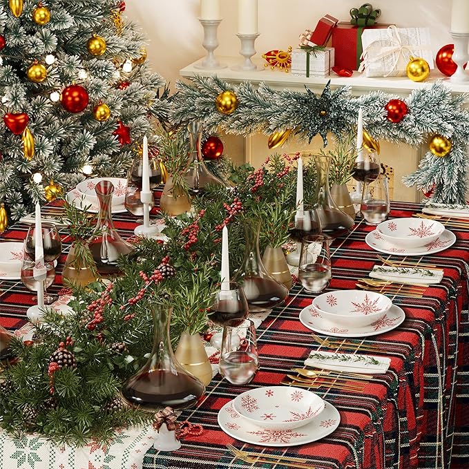 Ollieroo 4 Pieces Ceramic Christmas Pasta Bowls Set, 8 Inch 26oz White Red Snowflake Xmas Holiday Porcelain Wide and Shallow Salad Serving Bowls Plates, Microwave and Dishwasher Safe