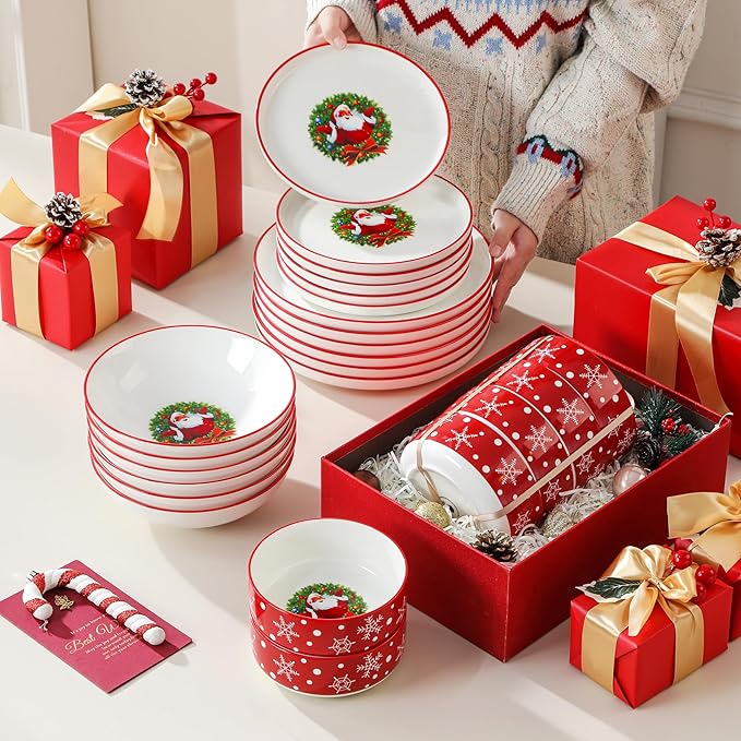 MALACASA Plates and Bowls Sets, 24 Pieces Christmas Porcelain Dinnerware Set for 6, Ceramic Dishware Dishes White Kitchen Dinner Dining Ware Set, Microwave and Dishwasher Safe, Series LUNA-Santa Claus