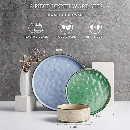 HaWare Dinnerware Sets, 12-Piece Plates and Bowls Set, Stoneware Dish Set for 4, Ceramic Dinnerware for Home Restaurant, Chip and Scratch Resistant, Microwave and Dishwasher Safe, Multicolor