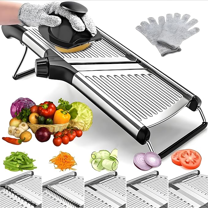 Mandoline Slicer for Kitchen, Adjustable Stainless Steel Vegetable Chopper & Food Slicer for Potato, Onion, Tomato, Cucumber & Fruit, Includes Julienne Blades & Cut-Resistant Gloves