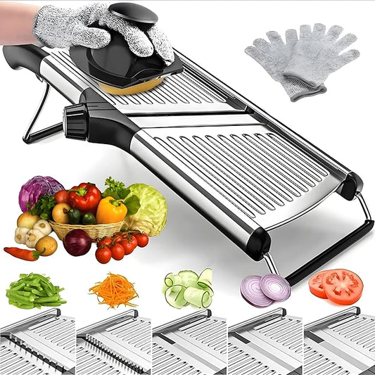 Mandoline Slicer for Kitchen, Adjustable Stainless Steel Vegetable Chopper & Food Slicer for Potato, Onion, Tomato, Cucumber & Fruit, Includes Julienne Blades & Cut-Resistant Gloves