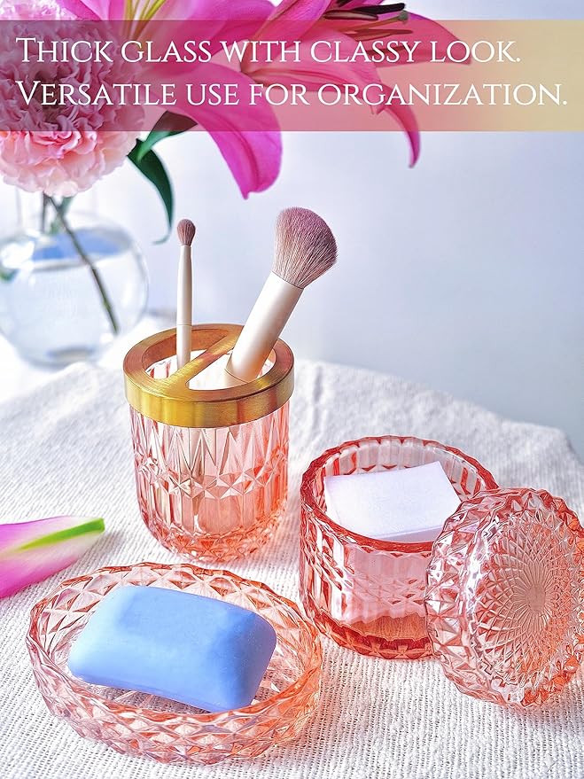 5pcs Clear Glass Bathroom Accessories Set, Crystal Pink Bathroom Decor Set, Soap Dispenser, Toothbrush Holder Set, Soap Dish, Tumbler, Qtips Holder, Modern Decor for Bathroom, Gift Set
