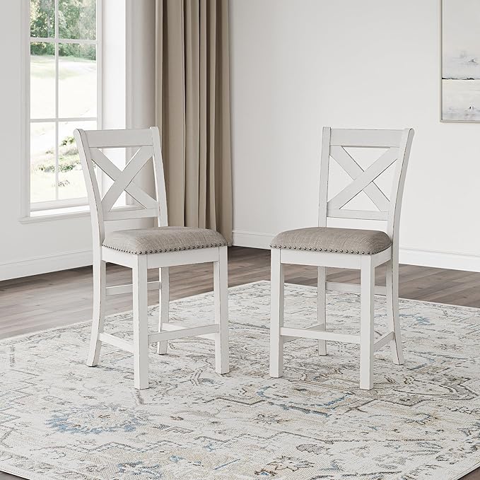 Signature Design by Ashley Robbinsdale Farmhouse Upholstered Barstool, Set of 2, X-Back, Nailhead Trim, Wood, 24.75" H, White & Light Gray