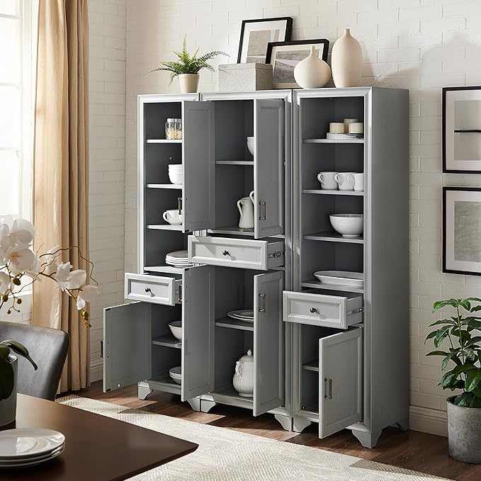 Crosley Furniture Tara 3-Piece Pantry Storage Cabinet Set with Shelves, Kitchen, Dining, or Laundry Room, Distressed Gray