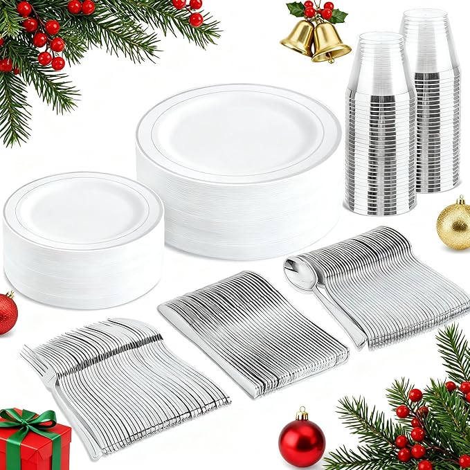 bUCLA 150-Piece Silver Disposable Dinnerware Set - White Plastic Plates with Silver Rim - Include 25 Dinner Plates, 25 Dessert Plates, 25 Forks, 25 Knives, 25 Spoons & 25 Cups for Party & Christmas