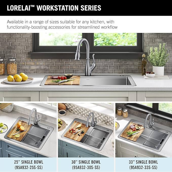 DELTA FAUCET 95A932-25S-SS Lorelai Workstation Kitchen Sink Drop-in Top Mount Stainless Steel Single Bowl with WorkFlow Ledge and Chef’s Kit of 5 Accessories