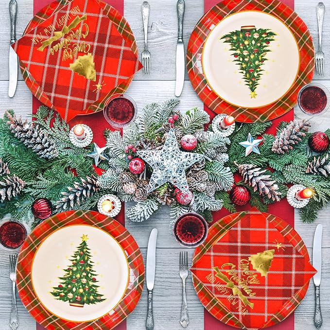 Gatherfun Christmas Party Supplies Christmas Tree Red Plaid Disposable Paper Dinner Plates Dessert Plates and Napkins for Party, Serve 20