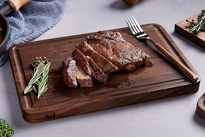 AZRHOM Walnut Wood Cutting Board, 12x8in Small Wooden Chopping Boards with Deep Juice Groove and Side Handle, Thick Butcher Block for Kitchen Meat Cheese Gift for Wife Mom Gift Box