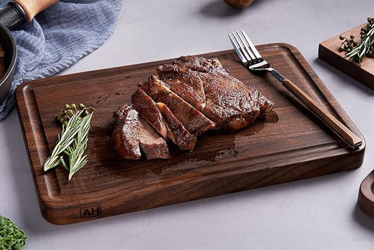 AZRHOM Walnut Wood Cutting Board, 12x8in Small Wooden Chopping Boards with Deep Juice Groove and Side Handle, Thick Butcher Block for Kitchen Meat Cheese Gift for Wife Mom Gift Box