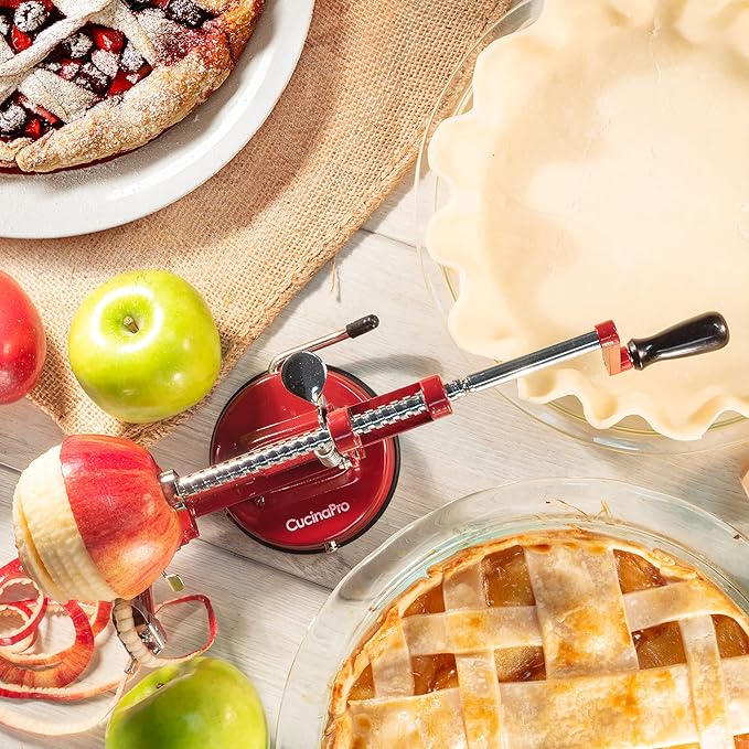 Apple Peeler and Corer - Durable Heavy Duty Chrome Cast Iron w Powerful Countertop Suction, Hand Crank for Fruits, Potatoes or Veggies, Picking Season- Holiday Pie Dessert Baking, Must Have Xmas Gift