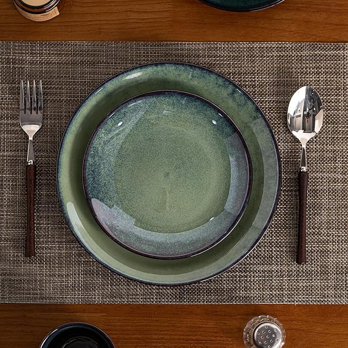 8 Piece Dinnerware Sets for 2， Scratch Resistant,microwave oven and Dishwasher Safe Plates and Bowls Sets Ceramic, Dish Set, Bowl and Plate Set -Kiln turns foggy green