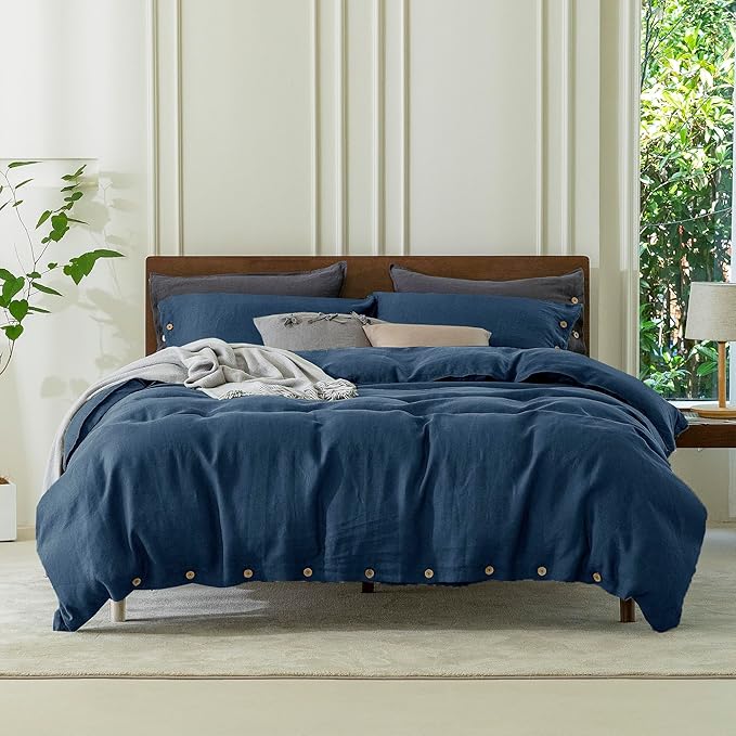 EVERLY100% Pure Linen Duvet Cover Set Queen Size90X90Inch 3pcs (1 Duvet Cover,2 Pillowcases) Soft and Breathable for All Season with Coconut Button Closure, Suitable for Hot Sleepers-Navy Blue