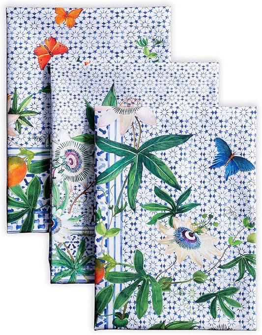 Maison d' Hermine Kitchen Towels Set of 3 100% Cotton 27.50" x 20" Reusable Cloth Tea Dish Towels Absorbent with Hanging Loop for Kitchen, Home, Dining, Cocktail Parties Spring/Summer (Passiflora)