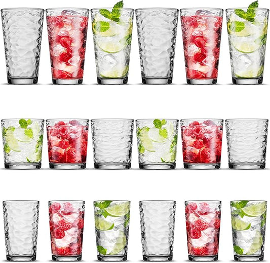 Biscayne 18-Piece Family Drinking Glasses Set - Drinking Glassware Set with Highball Cooler, DOF (Double Old Fashioned), and Juice Glasses - 6 Each