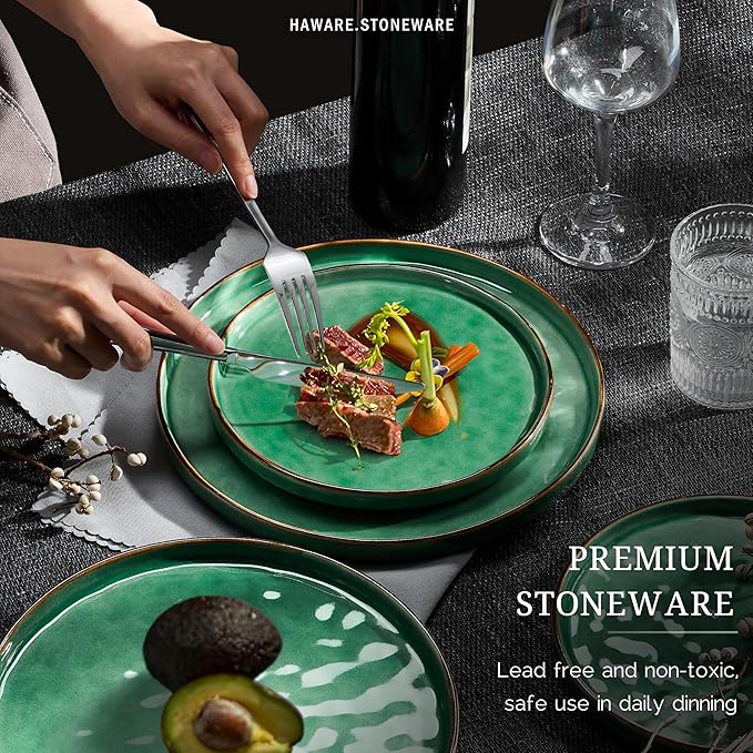 HaWare Dinnerware Sets, 16-Piece Plates and Bowls Set, Stoneware Dish Set for 4, Ceramic Dishware Set for Pasta Cereal, Chip and Scratch Resistant, Microwave and Dishwasher Safe, Reactive Green