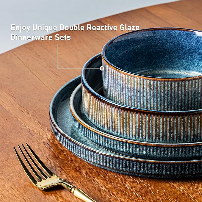 GBHOME Stoneware Dinnerware Sets for 4,Round Reactive Glaze Ceramic Plates and Bowls Set,Highly Scratch Resistant | Dishwasher & Microwave Safe Dishes Set,Service for 4(12Pcs),Ceylon Blue