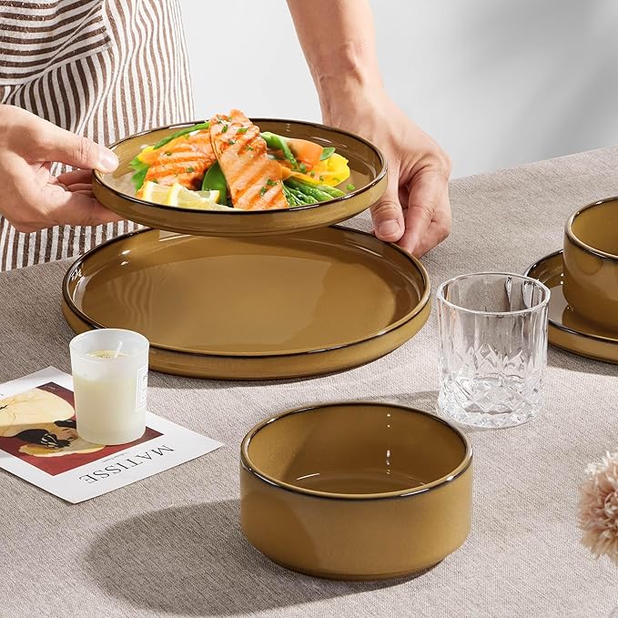 Herogo 12 Pieces Stoneware Dinnerware Set for 4, Ceramic Dinner Dishware Sets for Home Kitchen, Plates and Bowls with Rustic Terracotta Bottom, Dishwasher & Microwave Safe, Earthen Brown