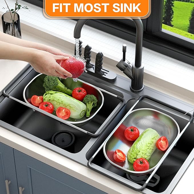 Over the Sink Colander - Strainers and Colanders - Sink Strainer Basket - Expandable Fine Mesh Strainer with Rubber Grip for Veggie, Fruits, Pasta, Home Kitchen Essentials (9.5W x 13.4-21.3L x 3.3H)
