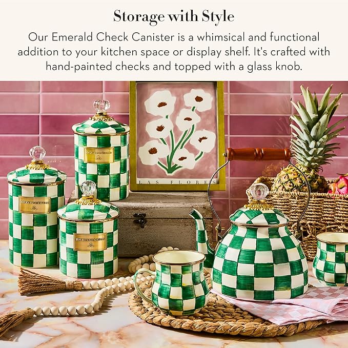 MACKENZIE-CHILDS Medium Enamel Canister, Kitchen Storage Container with Lid, Green-and-White Emerald Check