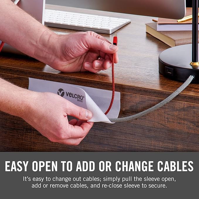 VELCRO Brand Cable Sleeves. Organize Messy Wires on Desk, Behind TV or Game Console. 16-Inch (2x8in) White. Removable Adhesive Mounts to Smooth Surfaces