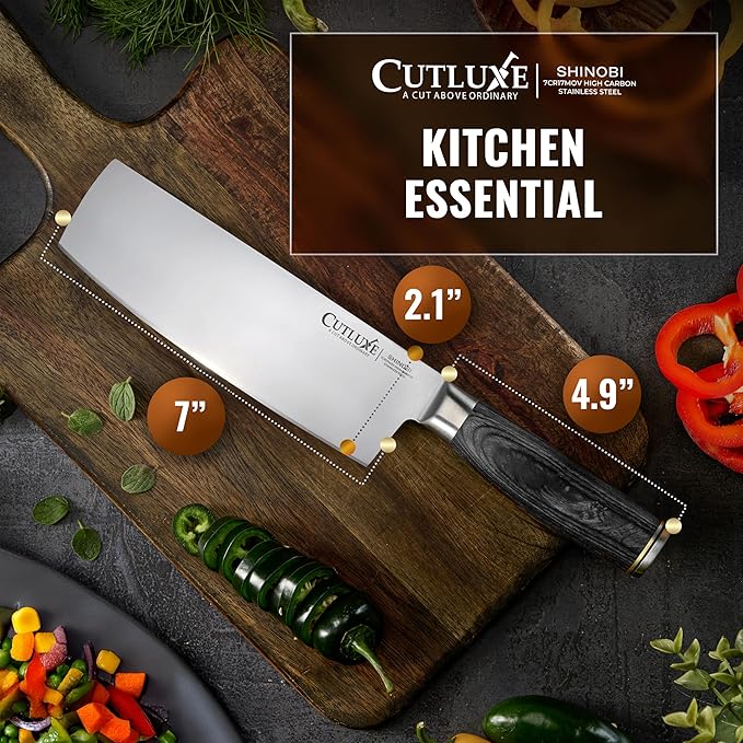 Cutluxe Nakiri Knife – Ultra Sharp 7" Vegetable Japanese Knife for Chopping, High Carbon Stainless Steel Blade, Full Tang Pakkawood Handle – Shinobi Series