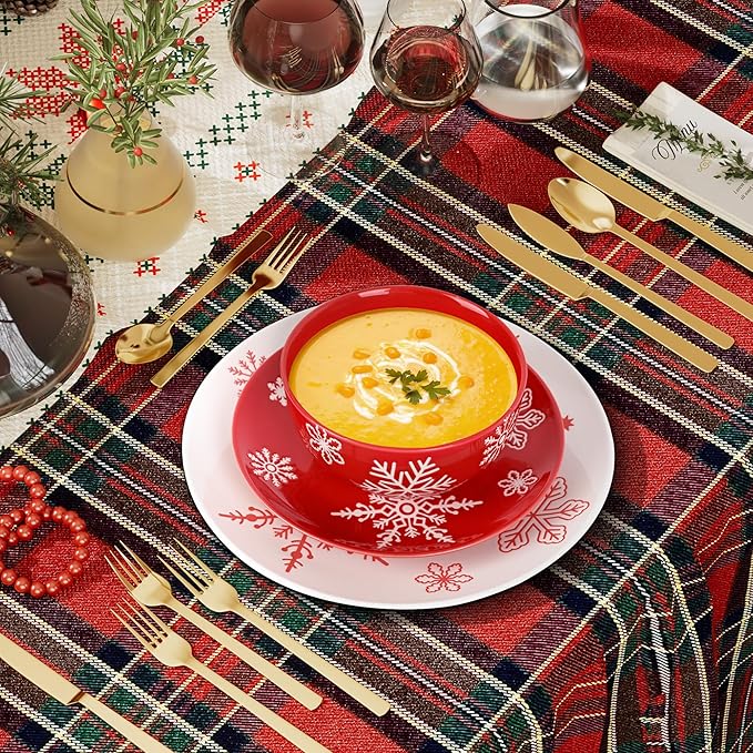 Ollieroo 4 Pieces Ceramic Christmas Cereal Bowls Set, 5.6 Inch White Red Snowflake Xmas Holiday Porcelain All Purpose Dessert Soup Bowls Set for Pasta, Rice, Salad, Microwave and Dishwasher Safe