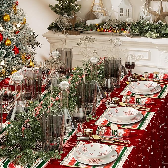 4 Pcs Christmas Pasta Bowls, 26 Oz Ceramic Bowl Set, Wide and Shallow Serving Bowls, White Red Snowflake Xmas Holiday Soup Bowls for Salad, Dessert, Pasta, Ice Cream, Dishwasher and Microwave Safe