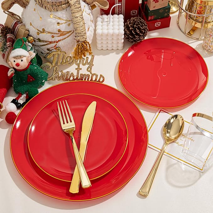NOCCUR 350PCS Red Plastic Plates - Disposable Red Gold Dinnerware Set for 50 Guests, 100 Dinner/Dessert Plates, 150 Gold Silverware, 50 Cups&50 Napkins for Party/Wedding/Birthday/Christmas