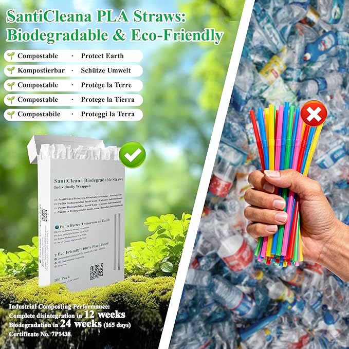 SantiCleana 100 Pack Biodegradable Straws, Individually Wrapped, 8.3", 14℉-185℉, Plant-Based, Straight, White, Compostable, BPA-Free