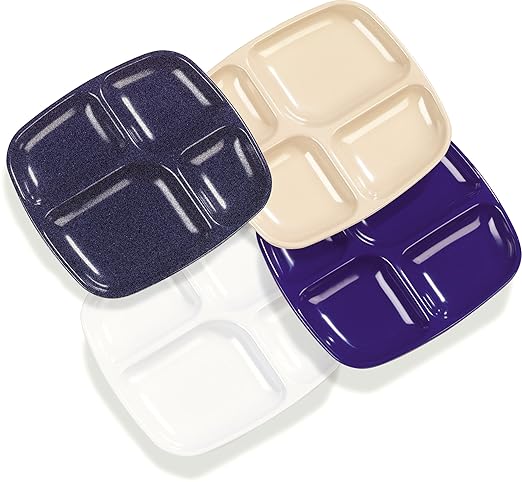 Carlisle FoodService Products Essential Plastic Meal Tray with 4-Compartments for Schools, Cafeterias, and Dining Halls, Melamine, 10.5 x 9.5 Inches, Café Blue
