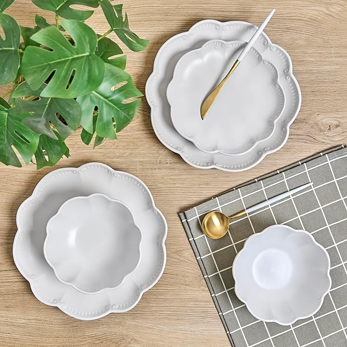 Sango 12 Pieces Scalloped Dinnerware Set, Modern White Dishes for 4, Premium Serving Plates & Bowls Sets, Chip & Scratch Resistant, Ceramic Dishware, Kitchen Dish, Microwave & Dishwasher Safe, Bethany