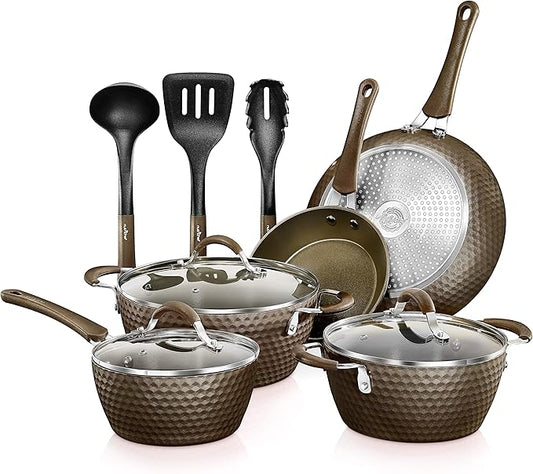 NutriChef 11-Piece Nonstick Kitchen Cookware Set - PTFE/PFOA/PFOS-Free Heat Resistant Kitchen Ware Pots Pan Set Coffee Ceramic Coating - Saucepot, Pans, Cooking Pot Oven Pot, Lid, Utensil NCCW11COF