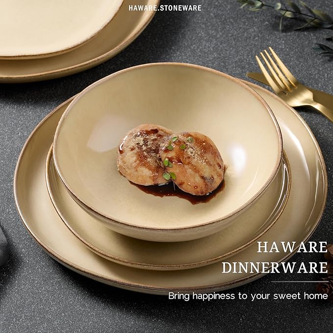HaWare Dinnerware Sets, 24-Piece Stoneware Plates and Bowls Set, Dish Set for 8, Ceramic Dishware for Home Restaurant, Chip and Scratch Resistant, Microwave and Dishwasher Safe, Reactive Sandy Khaki