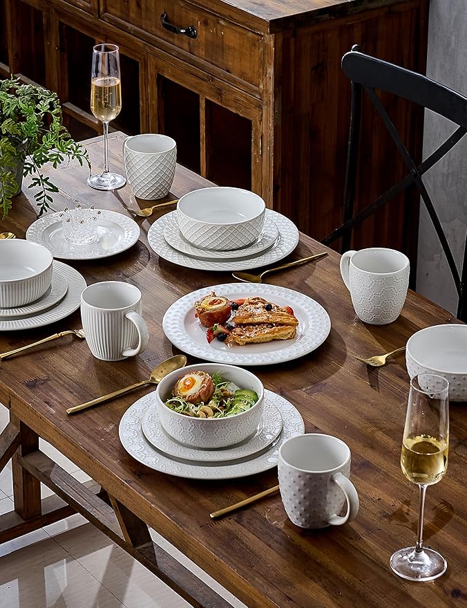 Ceramic Dinnerware Set for 4, 12-Piece Stoneware Plates and Bowls Set, Microwave & Dishwasher Safe, Lead-Free Scratch Resistant, 4 Different Dinner Plates & Soup Bowls (White)
