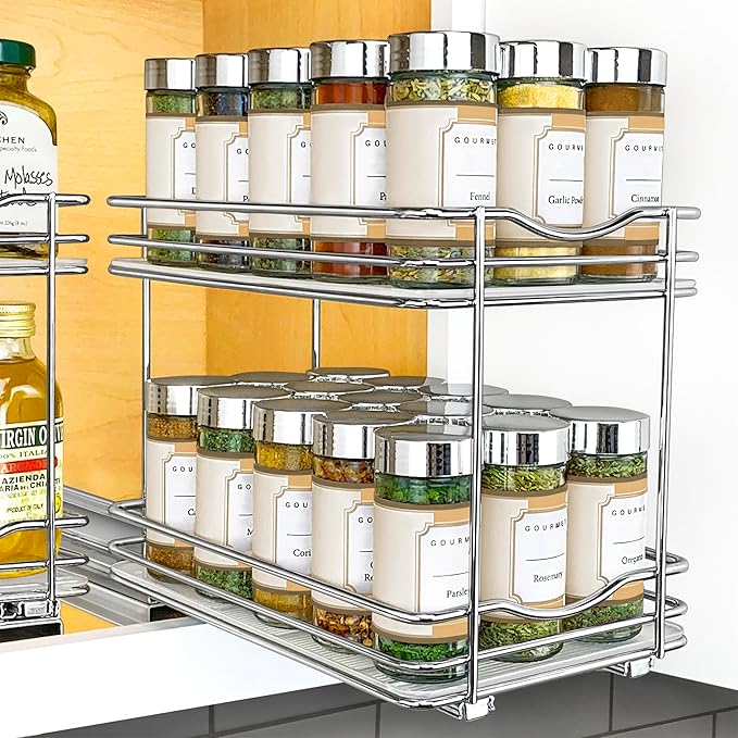 LYNK PROFESSIONAL® Pull Out Spice Rack Organizer for Inside Kitchen Cabinets - 6-3/8 inch Wide - Slide Out Drawer – Chrome Sliding Spice Cabinet Organization Shelf Racks - 2 Tier